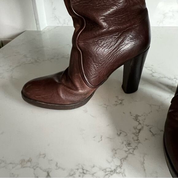 Max & Co Brown Leather Heeled Slouchy Mid Calf Boots Womens size 38 - Picture 3 of 14